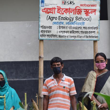 Facilitators and Farmers outside an ActionAid agroecology school in Bangladesh